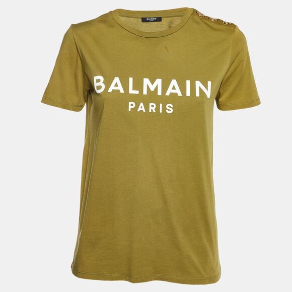 Balmain Green Logo Printed Cotton Buttons Detail Half Sleeve T-Shirt S - Picture 1 of 5